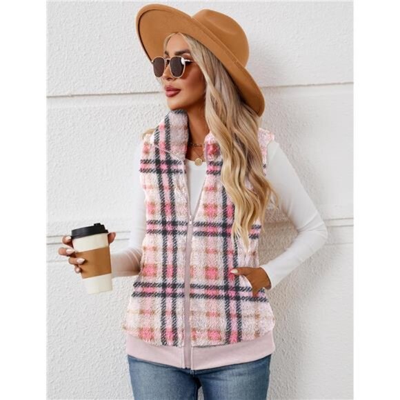 New Womens Fuzzy Fleece Vest, Casual Warm Sleeveless Zip Up Sherpa Vest - Picture 2 of 6